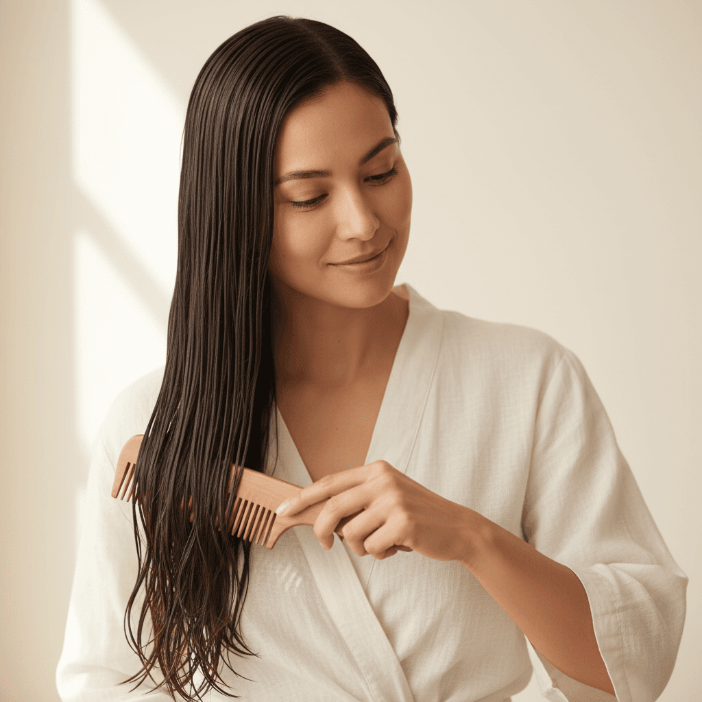 Vrouw kaamt glad glanzend haar na wassen